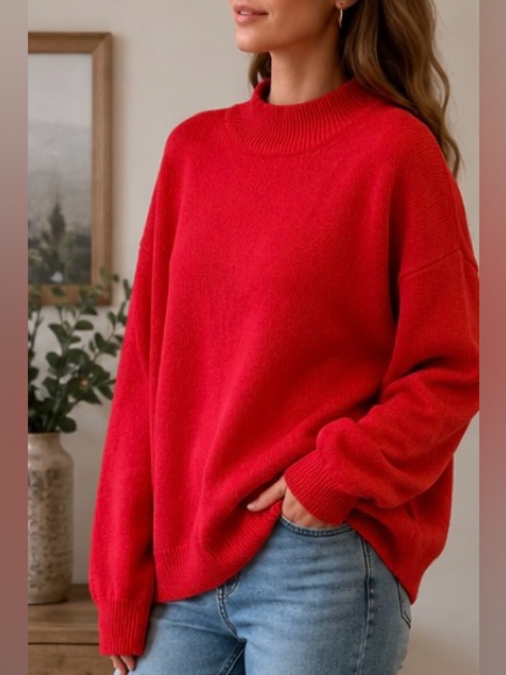Bright Red Relaxed Crew Neck Knit Sweater